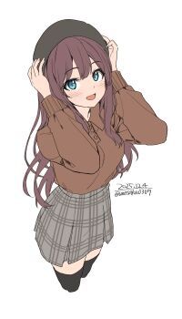 1girl absurdres aqua_eyes arms_up beret blush brown_hair brown_shirt commentary cropped_legs dated double-parted_bangs flat_color grey_hat grey_skirt hat highres long_hair long_sleeves looking_at_viewer open_mouth original plaid_clothes plaid_skirt pleated_skirt shirt simple_background skirt smile solo standing twitter_username unasaka_ryou very_long_hair white_background