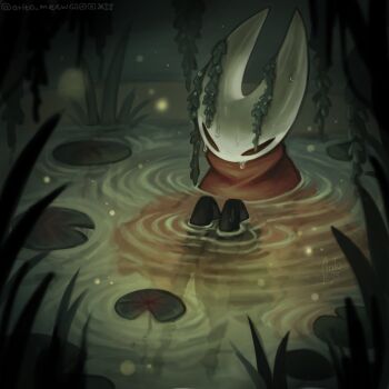 Rule 34 | 1girl, arito meew, arthropod girl, black eyes, black skin, cloak, colored skin, commentary, grass, highres, hollow eyes, hollow knight, hollow knight: silksong, horned mask, hornet (hollow knight), in water, lily pad, mask, plant, plant on head, red cloak, sitting, solo, symbol-only commentary, twitter username, vines, wet, wetland, white mask