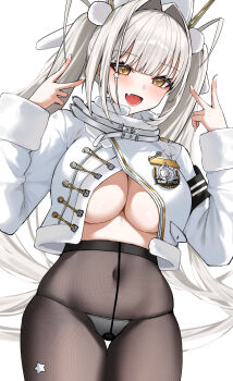 1girl absurdres black_pantyhose blanc_(fortune_express)_(nikke) blanc_(nikke) breasts coat commentary covered_navel double_v english_commentary fang goddess_of_victory:_nikke hair_intakes highres large_breasts long_hair looking_at_viewer murding official_alternate_costume official_alternate_hairstyle open_mouth panties panties_under_pantyhose pantyhose simple_background skin_fang solo twintails underboob underwear v very_long_hair white_background white_coat white_hair white_panties winter_clothes winter_coat yellow_eyes