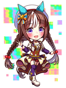 1girl animal_ears beret blush bodice boots bow braid breasts brown_hair chibi chibi_only choker cleavage collarbone commentary_request corset cropped_jacket ear_bow ear_covers full_body garter_straps hat highres hokko_tarumae_(umamusume) horse_ears horse_girl horse_tail jacket long_braid long_hair long_sleeves looking_at_viewer medium_breasts midriff_peek multicolored_hair navel open_mouth overskirt pendant_choker purple_choker purple_eyes purple_garter_straps purple_thighhighs red_corset red_shorts shirt shorts smile solo star_(symbol) starting_future_(umamusume) striped_bow striped_hair sugimotty_nova tail thighhighs twin_braids umamusume umapyoi_densetsu white_boots white_hair white_hat white_jacket white_shirt wristband
