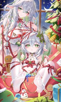 2girls absurdres aranara_(genshin_impact) bare_shoulders between_breasts blush body_markings bow bowtie braid breasts candy candy_cane chinese_commentary christmas_tree cleavage closed_mouth clothing_cutout collarbone commentary_request covered_navel cross-shaped_pupils dendro_slime_(genshin_impact) double-parted_bangs dress fingernails flat_chest food genshin_impact gift gingerbread_man gold_trim gradient_hair green_eyes green_hair hair_between_eyes hair_ornament hand_up hands_up highres indoors jndfh large_breasts leaf_hair_ornament light_smile loli long_hair looking_at_viewer multicolored_hair multiple_girls nahida_(genshin_impact) navel navel_cutout night no_shoes pointy_ears red_bow red_bowtie red_ribbon ribbon rukkhadevata_(genshin_impact) side_ponytail sitting sleeveless sleeveless_dress slime_(genshin_impact) symbol-shaped_pupils thighhighs toes variant_set very_long_hair white_dress white_hair white_thighhighs