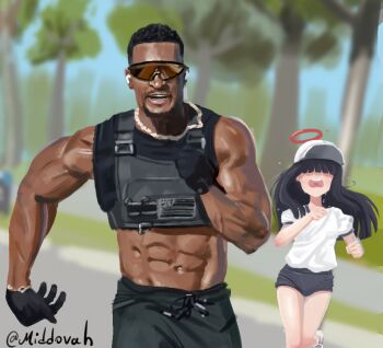 1boy 1girl abs artist_name ashton_hall's_morning_routine_(meme) black_gloves black_hair black_pants blue_archive blue_buruma blunt_bangs buruma chasing crop_top dark-skinned_male dark_skin fleeing gloves gold_necklace gym_shirt gym_uniform hair_over_eyes halo hat jewelry justice_task_force_member_(blue_archive) long_hair meme middovah muscular muscular_male necklace open_mouth outdoors pants real_life red_halo running shirt short_sleeves sunglasses very_dark_skin white_shirt