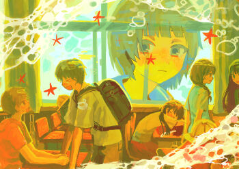 &gt;_&lt; 2boys 4girls :| absurdres backpack bag black_hair blue_eyes blue_hair blue_sailor_collar braid brown_hair caustics classroom closed_eyes closed_mouth curtains giant giantess hair_over_shoulder hat highres long_hair looking_inside multiple_boys multiple_girls open_mouth original randoseru sailor_collar short_hair starfish surreal table tanaka505 underwater unworn_hat unworn_headwear window