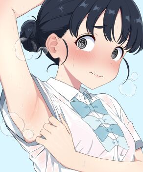 1girl @_@ arm_up armpits basori_tiara black_eyes black_hair blue_background blue_bow blue_bowtie blush bow bowtie commentary_request commission dot_nose hair_bun highres looking_at_viewer make_heroine_ga_oo_sugiru! pixiv_commission presenting_armpit simple_background solo steaming_body sweat tearing_up to_bari upper_body wavy_mouth