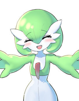1girl ^_^ arms_up blush bob_cut closed_eyes collarbone colored_skin cowboy_shot facing_viewer fang female_focus flat_chest gardevoir gen_3_pokemon green_hair green_skin hair_between_eyes happy incoming_hug multicolored_skin nintendo open_mouth outstretched_arms pokemon pokemon_(creature) reaching reaching_towards_viewer sara_(sublender1234) short_hair simple_background skin_fang smile solo standing tears two-tone_skin white_background white_skin