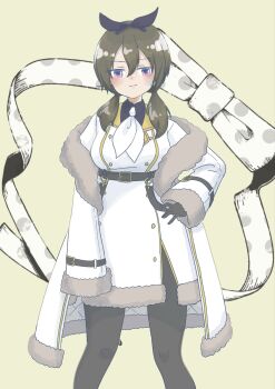 1girl adapted_costume arm_at_side artist_name assault_lily belt belt_buckle black_belt black_bow black_gloves black_pantyhose black_shirt blush bow breasts buckle buttons cape capelet closed_mouth collared_shirt commentary_request feet_out_of_frame fumi_(fumifumi3axl) fur-trimmed_cape fur-trimmed_jacket fur-trimmed_sleeves fur_trim gloves green_hair hair_between_eyes hair_bow hand_on_own_hip high_belt highres jacket long_hair long_sleeves looking_at_viewer low_twintails medium_breasts neckerchief off_shoulder pantyhose purple_eyes ribbon shirt sleeve_belt sleeves_past_fingers sleeves_past_wrists smirk solo standing twintails white_bow white_capelet white_jacket white_neckerchief white_ribbon winter_clothes yamanashi_hibari yellow_background