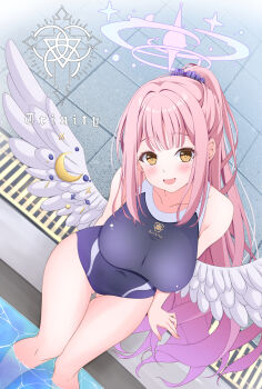 1girl :d alternate_costume alternate_hairstyle angel_wings bare_shoulders black_one-piece_swimsuit blue_archive blunt_bangs blush breasts commentary_request covered_navel curvy dutch_angle eyelashes feathered_wings feet_out_of_frame from_above gluteal_fold hair_ornament hair_scrunchie halo happy head_tilt highres knees_together_feet_apart large_breasts long_hair looking_at_viewer looking_up low_wings mika_(blue_archive) one-piece_swimsuit open_mouth pink_hair pink_halo ponytail poolside purple_scrunchie school_swimsuit scrunchie sidelocks smile soaking_feet solo swimsuit thigh_gap thighs tomosuke trinity_general_school_logo trinity_general_school_swimsuit very_long_hair water white_wings wings yellow_eyes yellow_pupils