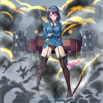 Rule 34 | 1girl, 2024, ascot, beret, black gloves, black hair, black panties, black thighhighs, blue hat, breasts, crossed arms, dated, full body, gloves, glowing, glowing eyes, gunbuster pose, hat, kantai collection, large breasts, long sleeves, looking at viewer, meme, military uniform, moke ro, panties, purple eyes, short hair, solo, takao (kancolle), thighhighs, underwear, wide hips