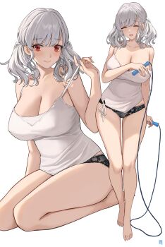 1girl absurdres albino barefoot blue_panties breasts camisole cleavage closed_eyes closed_mouth collarbone covered_erect_nipples feet fingernails full_body girls'_frontline hand_up highres holding holding_jump_rope jump_rope lace lace_panties large_breasts long_hair looking_at_viewer open_mouth panties red_eyes signature simple_background single_off_shoulder smile spas-12_(girls'_frontline) terras toenails toes twintails underwear white_background white_camisole white_hair