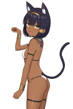 1girl :d absurdres ancient_egyptian ancient_egyptian_clothes animal_ears arm_strap ass black_hair bra bracelet breasts brown_egyptian_cat-eared_loli_(trend) cat_ears cat_girl cat_tail dark-skinned_female dark_skin from_side gold_bracelet gold_hairband hair_ornament hairband hairclip highres jewelry karasuma_kei loli looking_at_viewer o-ring o-ring_bottom o-ring_panties open_mouth original panties paw_pose revision short_hair simple_background small_breasts smile tail thigh_strap underwear underwear_only usekh_collar very_dark_skin white_background white_bra white_panties yellow_eyes