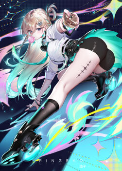 1girl absurdres aqua_hair artist_name ass black_nails black_shorts black_skirt black_socks blonde_hair blowing_bubble_gum blue_eyes breasts chewing_gum commentary earrings english_commentary fingernails full_body gradient_hair hair_ornament headphones headphones_around_neck highres id_card jewelry kneepits large_breasts leaning_forward long_fingernails long_hair looking_at_viewer looking_to_the_side lynae_(wuthering_waves) multicolored_hair nail_polish ringeko-chan shirt shirt_tucked_in shorts shorts_under_skirt skirt skull_hair_ornament socks solo star_(symbol) star_earrings tacet_mark_(wuthering_waves) thighs very_long_hair white_shirt wuthering_waves