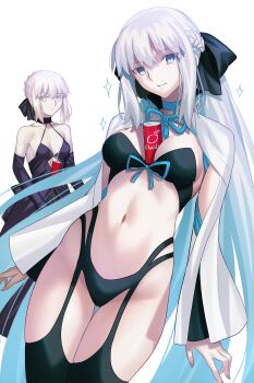 2girls absurdres artoria_pendragon_(fate) bare_shoulders between_breasts black_bow black_bra black_dress black_panties black_ribbon black_thighhighs blonde_hair blue_eyes bow bra braid breasts can cleavage dress drink_can elbow_gloves fate/grand_order fate_(series) gloves grey_hair hair_bow hair_bun hair_ribbon highres large_breasts long_hair long_sleeves longdq3008 looking_at_viewer medium_breasts morgan_le_fay_(fate) multiple_girls panties ponytail ribbon saber_alter sidelocks smile sparkle thighhighs thighs underwear very_long_hair white_sleeves wide_sleeves yellow_eyes
