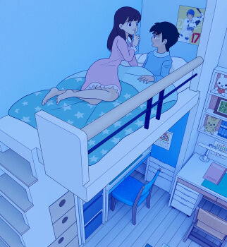1boy 1girl barefoot bed bedroom black_eyes black_hair blanket blue_pajamas blue_shirt book bookshelf brother_and_sister brown_hair calendar_(object) chair chest_of_drawers desk desk_lamp finger_to_mouth jibanyan kiyo_(kyokyo1220) lamp long_hair long_sleeves los_angeles_dodgers major_league_baseball miffy miffy_(character) nightgown notebook ohtani_shohei open_mouth original pajamas pillow pink_nightgown pink_pajamas poster_(object) print_blanket real_life shirt short_hair shushing siblings smile star_(symbol) star_print stuffed_animal stuffed_cat stuffed_rabbit stuffed_toy surprised youkai_watch