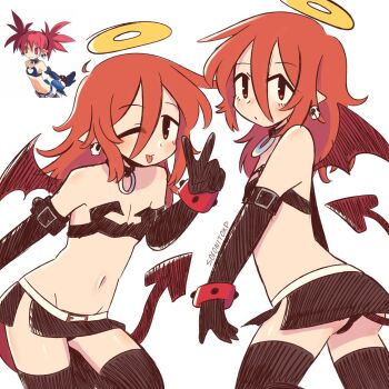 1boy angel_devil_(chainsaw_man) ass black_bag black_thighhighs chainsaw_man closed_mouth commentary cosplay crossdressing crossdressing_(mtf) demon_tail demon_wings disgaea double-parted_bangs earrings elbow_gloves english_commentary etna_(disgaea) etna_(disgaea)_(cosplay) gloves hair_between_eyes highres jewelry looking_at_viewer male_focus pointy_ears red_eyes red_hair reference_inset skull_earrings sofo_soup solo tail thighhighs tongue tongue_out v wings