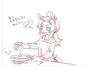 1girl ahoge animal_ears apron bangs_pinned_back beer_hsk character_request check_character commentary_request cooking eggshell eighth_note frying_pan horse_ears horse_girl horse_tail long_sleeves low_ponytail monochrome musical_note nakayama_festa_(umamusume) notice_lines ponytail shirt simple_background solo spoken_musical_note tail translation_request umamusume upper_body white_background