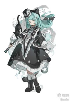 Rule 34 | 1girl, animal, animal hat, black boots, black bow, black bowtie, black cat, black dress, black hair, black hat, boots, bow, bowtie, cat, cat hat, closed mouth, dress, floating hair, frilled dress, frills, full body, green eyes, green hair, hair ornament, hairclip, hat, long hair, long sleeves, looking at viewer, mihuashi username, original, parted bangs, simple background, socks, solo, standing, striped bow, striped bowtie, striped clothes, white background, white socks, zeriko