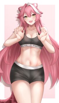 1girl abs animal_ear_fluff animal_ears black_shorts black_sports_bra blush border breasts claw_pose cleavage clothes_writing collarbone commentary drop_shadow english_commentary eyelashes fangs fingernails hair_between_eyes hair_intakes highres hololive hololive_english long_hair multicolored_hair nail_polish navel open_mouth panther_ears panther_girl pink_background pink_hair pink_nails popcornflakes raora_panthera raora_panthera_(1st_costume) shorts simple_background slit_pupils smile solo sports_bra stomach streaked_hair teeth toned toned_female two-tone_hair upper_teeth_only very_long_hair virtual_youtuber white_border white_hair yellow_eyes