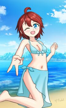 1girl ahoge artist_name barefoot beach bikini blue_bikini blue_eyes breasts brown_hair cleavage feet happy haruka_(saru_getchu) highres leg_lift leg_up legs looking_at_viewer medium_breasts navel ocean one_eye_closed open_mouth sarong saru_getchu short_hair sideboob smile solo sony swimsuit thighs tongue v water wink