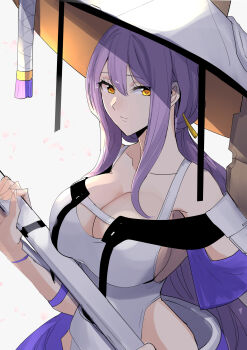 1girl armor breasts clash_kuro_neko cleavage clothing_cutout collarbone frown goddess_of_victory:_nikke hat highres japanese_armor jingasa large_breasts large_hat leg_cutout leotard long_hair looking_at_viewer petals scarlet_(nikke) sheath shoulder_armor sode solo sword weapon white_leotard yellow_eyes