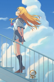 1girl absurdres arms_behind_back black_socks blonde_hair blue_eyes blue_sailor_collar blue_skirt blue_sky blush blush_stickers brown_shoes cloud collared_shirt day floating_hair from_side full_body hair_ornament highres kousaka_kirino kousaka_kirino's_school_uniform loafers long_hair looking_up miniskirt monkey neckerchief ore_no_imouto_ga_konna_ni_kawaii_wake_ga_nai outdoors pleated_skirt profile red_neckerchief sailor_collar sailor_shirt scarletsky school_uniform serafuku shirt shoes short_sleeves skirt sky socks solo stairs standing stuffed_animal stuffed_monkey stuffed_toy white_shirt
