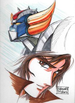 1boy artist_name brown_eyes brown_hair duke_fleed grendizer habara_nobuyoshi horns male_focus mazinger_(series) mecha retro_artstyle robot science_fiction ufo_robo_grendizer white_background