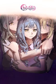 3girls bang_dream! bang_dream!_it&#039;s_mygo!!!!! black_shirt blonde_hair blue_hair chinese_commentary commentary_request green_hair highres hug long_hair lu_bian_de_yecao_zai_changge misumi_uika multiple_girls purple_eyes purple_shirt shirt sidelocks togawa_sakiko wakaba_mutsumi white_shirt yellow_eyes yuri