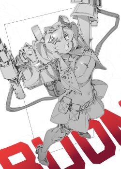 Rule 34 | 1girl, breasts, burnice white, cleavage, crop top, eyewear on head, flamethrower, gloves, hair ornament, highres, holding, holding flamethrower, holding weapon, jacket, large breasts, looking at viewer, monochrome, one eye closed, open mouth, red-tinted eyewear, simple background, skirt, smile, solo, spiked belt, spot color, standing, strapless, sunglasses, thighhighs, tinted eyewear, tube top, twintails, weapon, white background, xu sanchuan, zenless zone zero