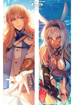 1boy 1girl animal_ears ascot bare_shoulders bikini black_bikini black_gloves black_hairband bleeding blonde_hair blood blood_on_chest blood_on_face blood_on_leg blue_ascot blue_eyes body_markings breasts brooch caenis_(fate) caenis_(second_ascension)_(fate) closed_mouth dark-skinned_female dark_skin day elbow_gloves english_text fate/grand_order fate_(series) frilled_sleeves frills gloves gold_trim grin hair_between_eyes hair_down hair_intakes hairband halterneck hand_on_own_leg highres horse_ears injury jacket jewelry kirschtaria_wodime large_breasts long_hair long_sleeves looking_at_another ocean offering_hand_to_another outdoors outstretched_arm pants side_cape single_glove single_vambrace sleeve_cuffs smile split_screen standing swimsuit teeth twitter_username vambraces wading waist_cape water water_drop wet white_gloves white_hair white_jacket white_pants yanagiba_kiriko