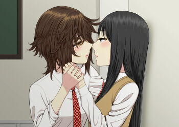 2girls absurdres black_hair blue_eyes brown_eyes brown_hair brown_sweater_vest collared_shirt commentary_request eye_contact highres imminent_kiss indoors jewelry long_hair looking_at_another medium_hair multiple_girls necktie original parted_lips red_necktie ring ryuusa school_uniform shirt sweater_vest white_shirt yuri