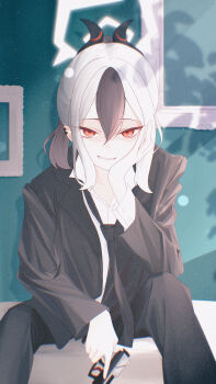 1girl absurdres black_hair black_necktie blue_archive collared_shirt demon_horns diamond_necklace ear_piercing formal_clothes grey_halo gun h&amp;k_p30 hair_between_eyes halo handgun highres holding holding_gun holding_weapon horns jackal jacket kayoko_(blue_archive) long_sleeves looking_at_viewer multicolored_hair necktie piercing red_eyes shirt smile solo suit two-tone_hair ula_ula00 weapon white_hair white_shirt