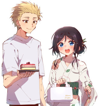 Rule 34 | 1boy, 1girl, absurdres, black hair, blonde hair, blue eyes, cake, cake slice, closed mouth, commentary request, food, fork, green sash, hair ornament, height difference, highres, holding, holding cake, holding food, holding fork, japanese clothes, kaoru hana wa rin to saku, kimono, leaf print, nyaa (nnekoron), obi, open mouth, pastry box, red eyes, sash, shirt, simple background, smile, teeth, tsumugi rintarou, upper body, upper teeth only, waguri kaoruko, white background, white shirt, yukata