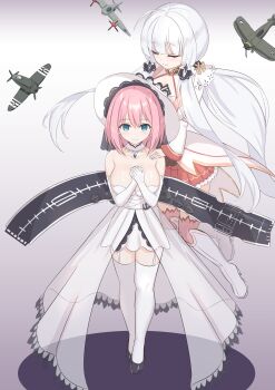 1girl 2girls absurdres ahoge aircraft airplane alternate_breast_size alternate_costume azur_lane bare_shoulders biplane black_shoes blue_eyes blue_gemstone blunt_bangs bob_cut boots breasts cleavage closed_eyes commentary_request commission cosplay costume_switch crossover dress elbow_gloves eyelashes fairey_swordfish flight_deck floating full_body garter_straps gem gloves hair_ornament hair_ribbon hairband hand_on_another&#039;s_shoulder hat high_heels highres illustrious_(azur_lane) kawosu_shikou knee_boots lace lace-trimmed_dress lace-trimmed_headwear lace_trim large_breasts light_smile long_hair low_ponytail machinery magical_girl medium_hair military_vehicle multiple_girls own_hands_together pink_hair pixiv_commission pleated_skirt ponytail princess_connect! propeller propeller_fighter red_skirt ribbon roundel see-through_clothes ship_turret shirt shoes sidelocks simple_background skirt smile standing strapless strapless_dress sun_hat supermarine_seafire supermarine_spitfire thighhighs transparent_background tress_ribbon tri_tails very_long_hair white_background white_boots white_dress white_garter_straps white_gloves white_hair white_hat white_shirt white_thighhighs wide_sleeves yui_(princess_connect!) zettai_ryouiki
