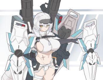 1girl absurdres bandaged_leg bandaged_waist bandages breasts cloak closed_mouth commentary cowboy_shot crotch_plate dog_tags goddess_of_victory:_nikke hair_between_eyes hasagi_giorno head-mounted_display highres large_breasts long_hair looking_at_viewer mechanical_arms navel official_alternate_costume official_alternate_design pilgrim_symbol_(nikke) rigging scar scar_on_leg scar_on_stomach scar_on_thighs shirt sideboob sidelocks skindentation snow_white_(heavy_arms)_(nikke) snow_white_(nikke) solo standing stomach torn_cloak torn_clothes white_cloak white_hair white_shirt yellow_eyes