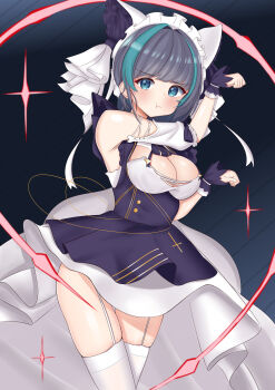 1girl absurdres animal_ears apron azur_lane blue_eyes blue_streaks breasts cheshire_(azur_lane) cleavage commentary detached_sleeves fake_animal_ears garter_straps highres large_breasts looking_at_viewer maid_headdress multicolored_hair parfait_desu paw_pose puffy_detached_sleeves puffy_sleeves purple_apron purple_hair short_hair solo streaked_hair thighhighs white_garter_straps white_thighhighs wrist_cuffs