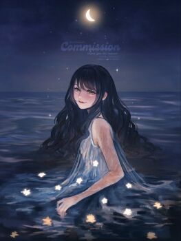Rule 34 | 1girl, black hair, blue dress, brown eyes, commentary, commission, crescent moon, dress, english commentary, from side, highres, long hair, looking at viewer, mimitanu25, moon, night, original, partially submerged, red lips, skeb commission, sky, smile, solo, sparkle, upper body, watermark, wavy hair