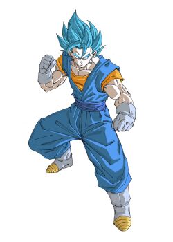 1boy blue_eyes blue_hair blue_pants blue_sash blue_shirt boots clenched_hands dougi dragon_ball dragon_ball_super earrings full_body gloves gomadang0417 highres jewelry medium_hair muscular muscular_male orange_shirt pants potara_earrings sash shirt simple_background solo spiked_hair super_saiyan super_saiyan_blue vegetto white_background white_boots white_gloves