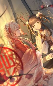 Rule 34 | 2girls, ^ ^, ahoge, artist request, black sash, blurry, blurry foreground, bow, braid, braided hair rings, branch, bright pupils, brown hair, bud, button hair ornament, cherry blossom print, chi xiaoyu (shining nikki), chinese clothes, chopsticks, closed eyes, closed mouth, collar, cowboy shot, curtains, detached collar, dumpling, dutch angle, earrings, eating, eyelashes, eyeliner, floral print, flower, flower knot, food, frilled shirt, frilled sleeves, frills, game cg, gradient hair, green eyes, hair bow, hair ornament, hair ribbon, hair rings, hand on own cheek, hand on own face, haori, happy, highres, holding, holding chopsticks, indoors, jacket, japanese clothes, jewelry, jiaozi, kimono, lace, lace-trimmed kimono, lace-trimmed sash, lace trim, lantern, light particles, lipstick, long hair, long sleeves, looking at another, makeup, mandarin collar, multicolored hair, multiple girls, neck ribbon, neck tassel, new year, nikki (series), obi, official art, pink eyeliner, pink flower, pink lips, plate, pointy nose, pom pom (clothes), pom pom hair ornament, red collar, red hair, red ribbon, red shirt, ribbon, sash, see-through clothes, see-through shawl, shawl, shining nikki, shirt, short hair with long locks, sidelocks, sitting, skirt, smile, streaked hair, sunset, table, tassel, tassel earrings, two-tone hair, vermillion snow (shining nikki), very long hair, waist ribbon, white bow, white hair, white jacket, white pupils, white shawl, white skirt, wide sleeves, yellow kimono, yellow ribbon