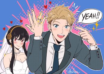 1boy 1girl black_hair blonde_hair blue_eyes blush bride dress groom hairband headband highres looking_at_viewer open_mouth pokianne red_eyes shirt smile spy_x_family twilight_(spy_x_family) upper_body wedding_dress white_shirt yor_briar