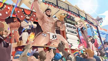 1girl alca_(wakatanka4) alcohol animal_ears arm_up armpits award_ribbon beard beenic beer beer_mug black_fur black_hair blonde_hair bracelet buzz_cut chest_hair chest_tattoo closed_eyes cloud cloudy_sky competition confetti contest_winner crossed_arms crowd cup day dog_boy extra_ears facial_hair festival fire flag flower fundoshi furry furry_male gauntlets gloves goggles gyee hairy hand_tattoo hat headband highres holding holding_trophy japanese_clothes jewelry kneeling large_pectorals leg_hair lion_ears lion_tail long_hair long_sleeves male_underwear manly mug multicolored_hair multiple_boys muscular muscular_arms muscular_legs muscular_male navel navel_hair notebook outdoors pectorals pen playboy_bunny pointy_ears ponytail rainbow_flag short_hair sky smile spiked_hair spread_legs stage stuffed_toy tail takashi_(gyee) tattoo teeth thick_eyebrows thighs tooboshoo topless_female topless_male towel towel_around_neck trophy underwear very_short_hair white_fur white_hair yellow_eyes