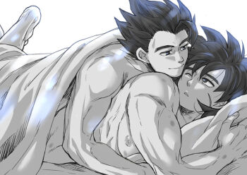 2boys bare_pectorals bed bed_sheet black_eyes black_hair broly_(dragon_ball_super) closed_mouth completely_nude curtained_hair dragon_ball dragon_ball_super dragon_ball_super_broly facial_scar feet_up gogeta greyscale hair_between_eyes hickey hickey_marks hickeys hickeys_on_chest hickeys_on_neck hugging_object looking_at_another looking_back loose_hair_strand lying lying_on_person male_focus medium_hair monochrome multiple_boys muscular muscular_male nipples nude on_stomach one_eye_closed parted_lips pectorals pillow pillow_hug scar scar_on_cheek scar_on_face short_hair smile spiked_hair under_covers yaoi