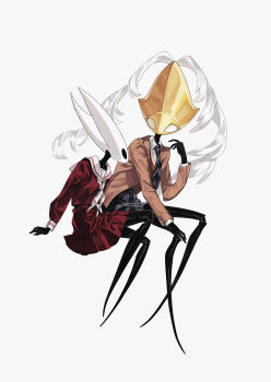 1girl 1other absurdres arthropod_girl arthropod_limbs ascot black_eyes black_skin colored_skin contemporary empty_eyes highres hollow_eyes hollow_knight hollow_knight:_silksong horned_mask hornet_(hollow_knight) horns humanoid_robot long_sleeves looking_at_another luobo_030 mask nature necktie no_humans plaid_clothes plaid_necktie plaid_skirt red_shirt red_skirt robot sailor_collar school_uniform second_sentinel_(hollow_knight) shirt simple_background sitting skirt white_ascot white_background white_eyes white_mask white_sailor_collar