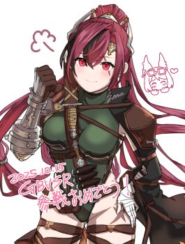 2girls absurdres animal_ears arm_armor armor bandaged_arm bandaged_hand bandages belt belt_pouch between_breasts black_hair black_sleeves blush breasts brown_belt brown_gloves brown_ribbon clenched_hand closed_eyes closed_mouth commentary_request cowboy_shot cross_scar crossed_bangs dagger dated detached_sleeves erune eyewear_on_head gloves granblue_fantasy granblue_fantasy_versus:_rising green_leotard hair_between_eyes hand_on_own_hip headgear heart high_ponytail highleg highleg_leotard highres knife large_breasts leg_ribbon leotard long_hair looking_at_viewer mari_(granblue_fantasy) meg_(granblue_fantasy) multicolored_hair multiple_girls ponytail pouch puff_of_air red_eyes red_hair ribbon scar scar_across_eye scar_on_face scar_on_leg sena_(jcwe4828) sheath sheathed shoulder_armor sidelocks signature simple_background single_detached_sleeve single_glove skindentation smile solo_focus standing thigh_pouch translation_request two-tone_hair weapon white_background