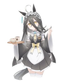 Rule 34 | 1girl, absurdres, ahoge, animal ears, apron, black dress, black hair, black hairband, black sleeves, blush, bow, breasts, closed mouth, coffee, coffee mug, collar, commentary request, cup, detached sleeves, dress, ear tag, earrings, frilled collar, frilled hairband, frills, hair between eyes, hairband, headband, highres, holding, holding tray, horse ears, horse girl, jewelry, long bangs, long hair, long hair between eyes, long sleeves, looking at viewer, manhattan cafe (umamusume), mug, multicolored hair, re1m1, revision, single earring, small breasts, smile, solo, sugar cube, tail, tea, teacup, thighhighs, tray, umamusume, very long hair, waist apron, white apron, white hair, white thighhighs, yellow bow, yellow eyes