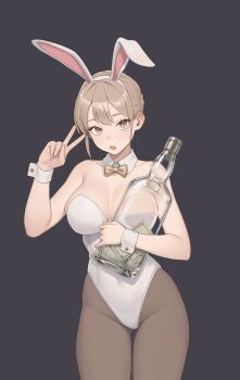 1girl animal_ear_hairband animal_ears banknote bottle bow bowtie breasts brown_bow brown_bowtie brown_eyes brown_hair cleavage detached_collar fake_animal_ears grey_hair hairband highres holding holding_bottle jaejae large_breasts leotard long_hair looking_at_viewer mole mole_under_eye money open_mouth original playboy_bunny rabbit_ears simple_background solo v white_leotard white_wrist_cuffs wrist_cuffs