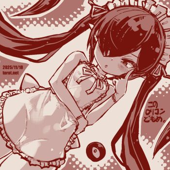 1girl ;o apron backbeako_(torotei) backbeard blush cameltoe commentary cowboy_shot dated dated_commentary dutch_angle gegege_no_kitarou gloves hair_over_one_eye hair_ribbon hand_on_own_face hand_on_own_opposite_hip index_finger_raised kono_lolicon_domome loli long_hair looking_at_viewer maid_headdress monochrome naked_apron one_eye_closed original paid_reward_available parted_lips pointy_ears red_theme ribbon simple_background solo torotei translated twintails very_long_hair watermark web_address white_background