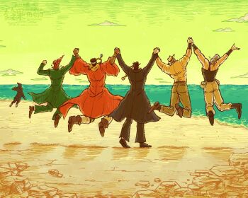 5boys animal arms_up beach black_hair bracelet coat commentary_request dark-skinned_male dark_skin dog earrings full_body grey_hair hat headband holding_hands iggy_(jojo) jean_pierre_polnareff jewelry jojo_no_kimyou_na_bouken joseph_joestar joseph_joestar_(old) jumping kakyoin_noriaki kuujou_joutarou long_sleeves male_focus mohammed_avdol multiple_boys necklace ocean outdoors red_hair ringodraws short_sleeves sky stardust_crusaders