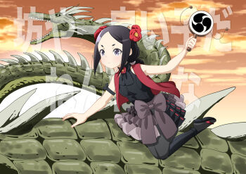 Rule 34 | 1girl, armband, black footwear, black hair, bow, breasts, brown sky, chinese zodiac, dragon, flower, grey bow, grey eyes, hair flower, hair ornament, highres, holding, holding toy, jacket, multicolored skirt, open clothes, open jacket, outdoors, princess principal, red jacket, riding, riding animal, short hair, skirt, sleeveless, sleeveless jacket, small breasts, taniguchi gou, toudou chise, toy, year of the dragon