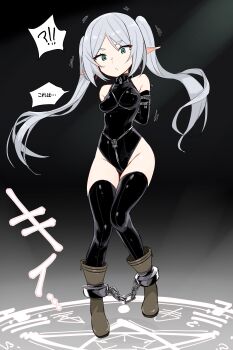 1girl absurdres arms_behind_back bdsm bondage boots bound bound_ankles bound_arms breast_bondage brown_footwear crotch_rope cuffs earrings elf floating_earrings frieren green_eyes highres jewelry kinbakuman leotard long_hair parted_bangs petite pointy_ears restrained shackled shackles shibari shibari_over_clothes sousou_no_frieren stealth_bondage thighhighs tied_up_(nonsexual) twintails white_hair