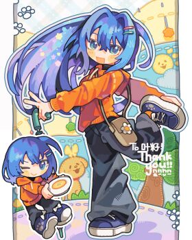 1girl :d ;) absurdres bag black_pants blue_eyes blue_hair blue_shoes blush_stickers borrowed_character chibi closed_mouth commentary commission drawstring full_body hair_between_eyes hair_intakes hair_ornament hairclip highres hood hood_down hoodie leg_up long_sleeves looking_at_viewer multiple_views one_eye_closed open_mouth orange_hoodie original outline pants parallel_hairclips shoes short_hair shoulder_bag skeb_commission smile standing standing_on_one_leg tabunnanhun white_outline