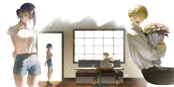 1boy 1girl absurdres arms_behind_back black_choker black_pants blonde_hair blue_shorts border bouquet chainsaw_man chinese_commentary choker collared_shirt commentary_request constricted_pupils couch cup dating denim denim_shorts denji_(chainsaw_man) doorway fading_border flower green_eyes hand_on_own_arm highres holding holding_bouquet irregular_border looking_at_another multiple_views on_couch pants pants_rolled_up pink_flower polo_shirt purple_hair qinyi_chinyi reze_(chainsaw_man) sharp_teeth shirt shirt_tucked_in shoes shorts signature sneakers table teeth white_flower white_shirt window wooden_floor